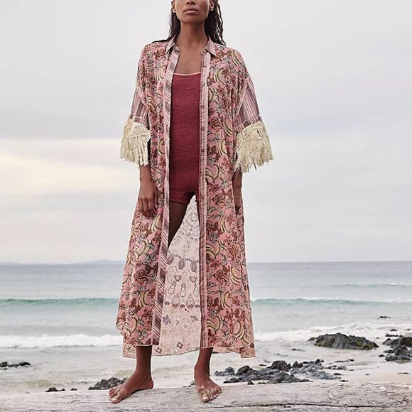FREE PEOPLE Watching Waves Maxi Shirt / Mauve Combo NWT - Picture 8 of 11